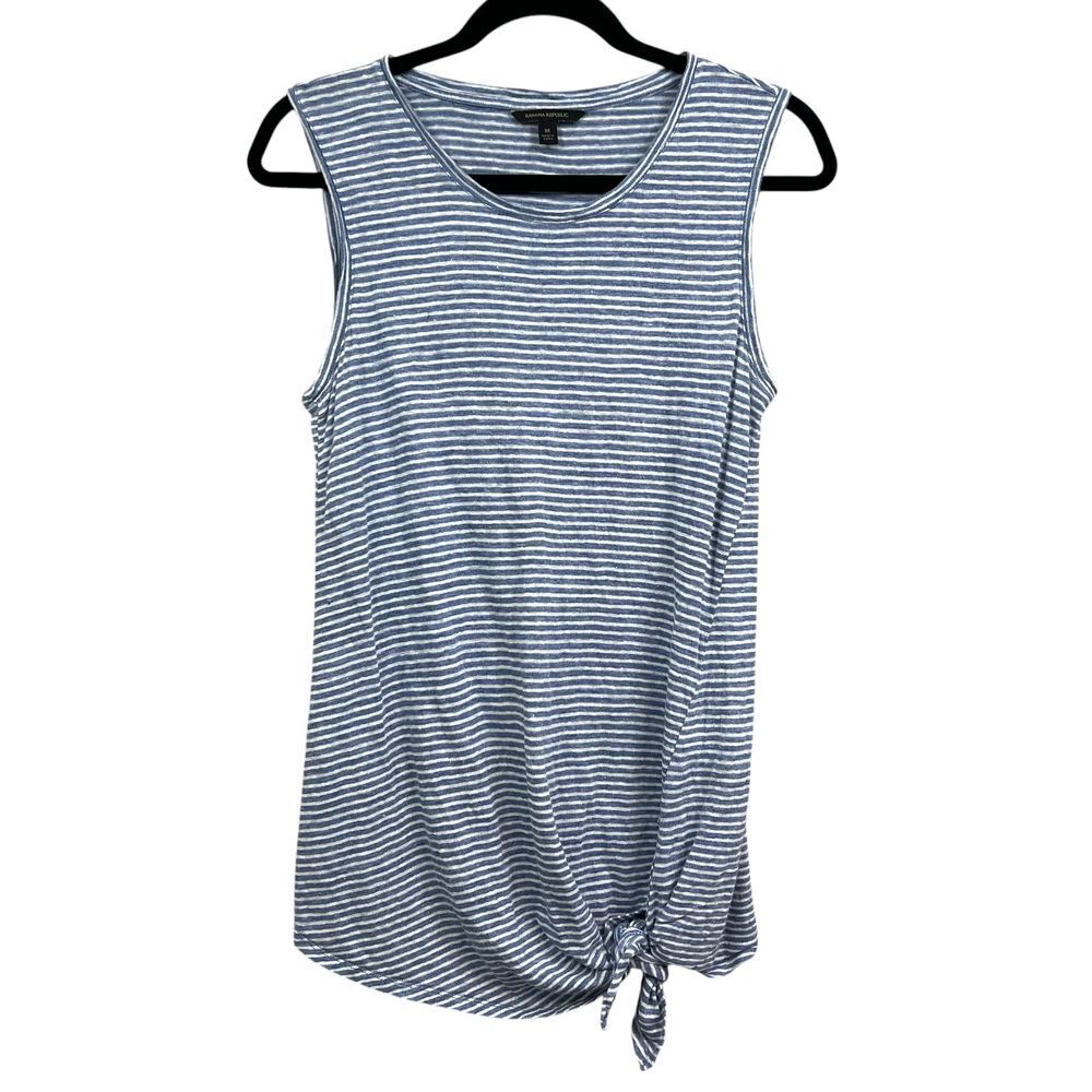 Banana Republic Womens Linen Tank Top Striped Side Tie Nautical Blue White Sz M*